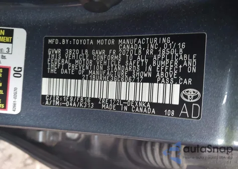 2016 Toyota Corolla Le из США, поврежденный, VIN 2T1BURHE3GC606717